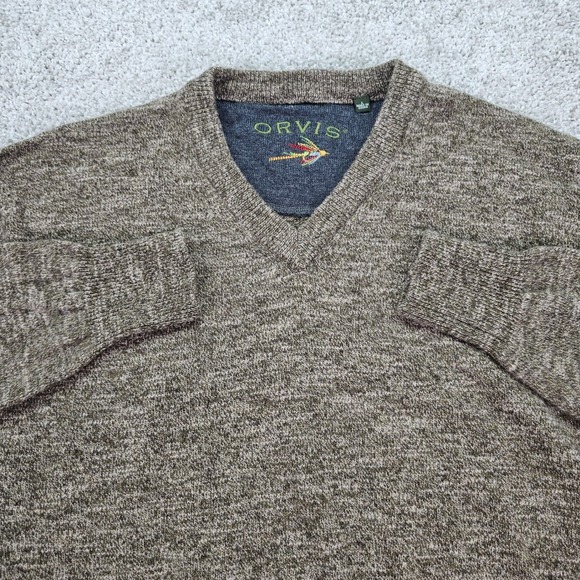 Orvis Mens Large V-Neck Sweater 100% Merino Wool Long Sleeve Fly Fishing Logo - Picture 1 of 7